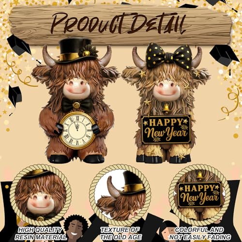 2 Pcs Happy New Year Highland Cow Figurines Decor, New Year Gifts - Image 4