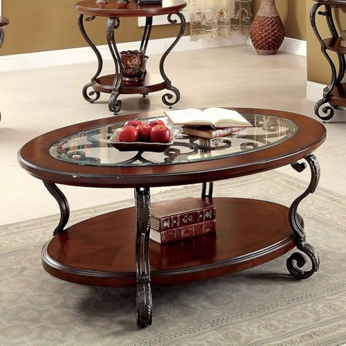 Oval Cocktail Table With Glass Top: Stylish Centerpiece for Modern Living Rooms 7 Royard Oaktree Traditional Style Oval Coffee Table with Tempered Glass Top, 2-Tier Cocktail Table with Open Storage Shelf, Vintage Living Room Centre Table with Ornate Metal Scroll Legs, Brown Cherry