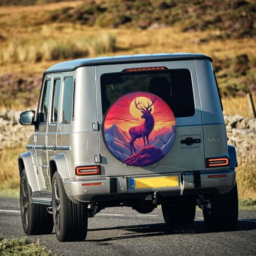 Image of Abstract Mountain Sunset and Deer Spare Tire Cover Wheel Protectors Weatherproof Deer Pattern Wheel Covers Universal Fit for Trailer RV SUV Truck Camper Travel Trailers Accessories 17 Inch