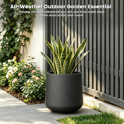 Image of Kante Accent Round Curved Black Concrete Planter 13 inch Dia, Outdoor | Rubber Plug for Indoor, Drainage for Garden, All-Weather Cement Flower Pot, Handcrafted, Anti-Frost & UV, Modern Home Decor