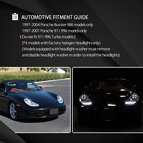 Autozensation Compatible with 1997-2004 Porshe Boxster 1997-2001 911 996 Black LED Projector Headlights L + R Pair Headlamp