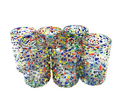Hand Blown Mexican Drinking Glasses - Set Of 6 Confetti Rock Design Glasses (14 Oz Each) #TOP5