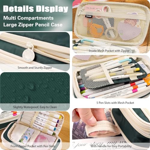 Image of Zqiue Big Capacity Pencil Cases 4 Compartment Pencil Pouch Aesthetic Large for Girls Women, Portable Pencil case with Handle, Stationery Organizer Pen Bag with Zipper for College School Office