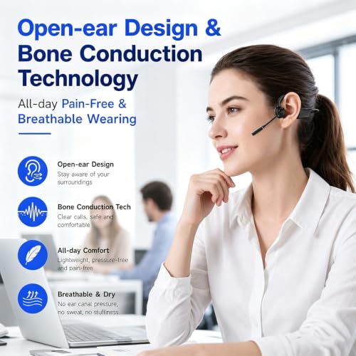 Image of Meetings Open-Ear Headphones with Rotatable Noise-Canceling Boom Mic, Bone Conduction Bluetooth 6.0 Headphones with One-Touch Mute&Magnetic Charging for All-Day Use,Perfect for Driving Learning(Black)