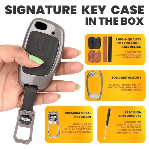 Image of Car Key Cover Compatible with Hyundai Creta, Venue, Tucson, Alcazar, i20, Grand i10 Nios, Aura, Xcent, Exter 3-Button Smart Flip Key (Dual Leather Metal (Black & Brown))
