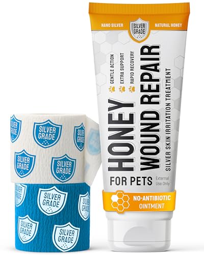 Image of Best Hot Spot Treatment for Dogs & Horses - Dog Wound Care with Silver for Scratches, Sores, Rashes, Irritations - Honey Wound Repair Ointment in Gel Form for Horses & Cats + 2 Bandages - 2 Oz
