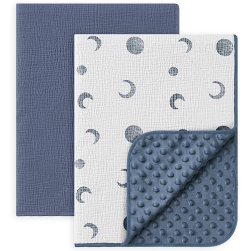 Image of Susurration Baby Blanket for Unisex Boys Girls, 2 Pack Soft Fluffy Crib Blankets with Muslin Cotton Front and Dotted Fleece Back, Receiving Blanket for Baby Newborn Infant, 30x40in, Bluemoon&Navy Blue