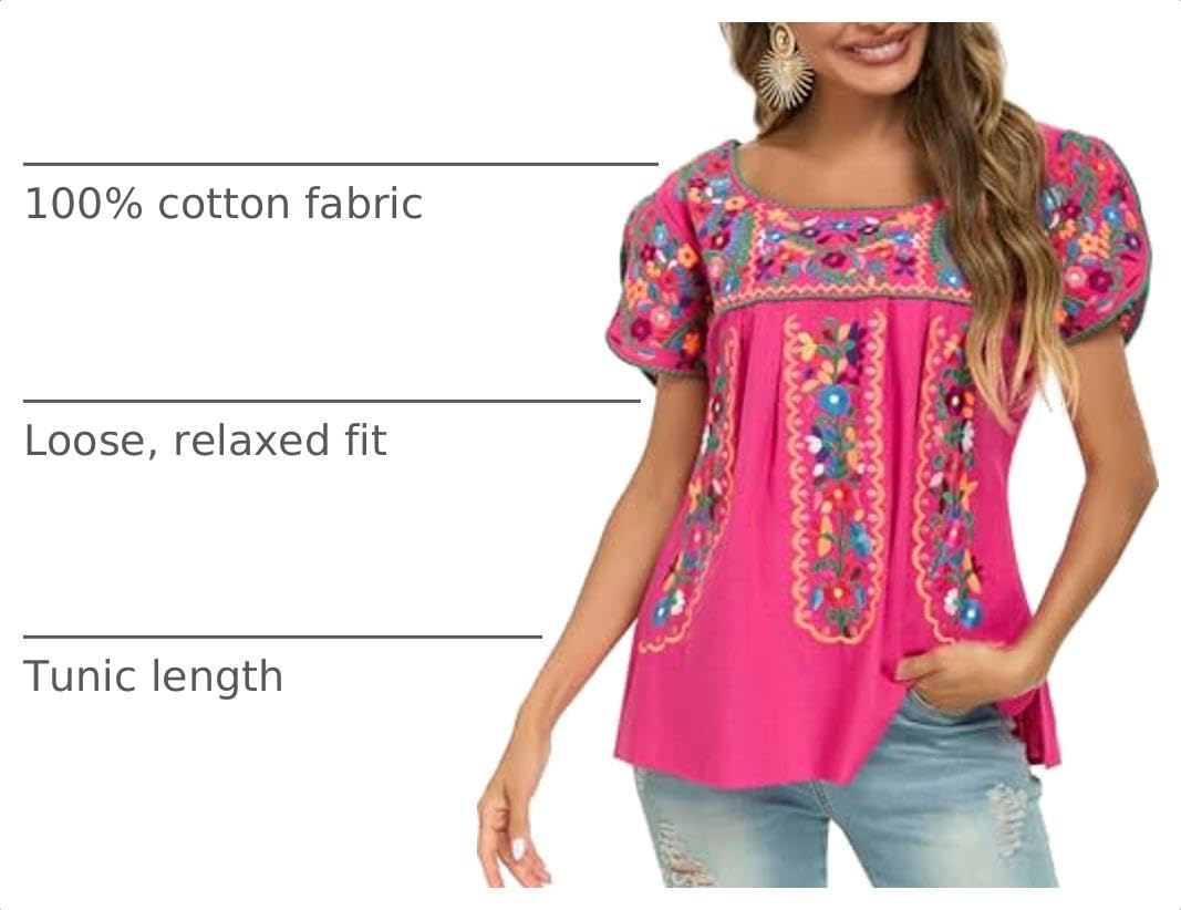 Mexican Shirts for Women Embroidered Tops Traditional Peasant Summer Tunic Blouse