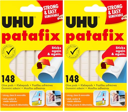 UHU Patafix, 148 wiederverwendbare Klebepads zur sauberen Befestigung für Poster, Fotos, Deko in der Schule oder im Büro, 148 Stück (Packung mit 2)