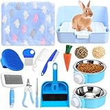 Reallnaive 15 Pcs Rabbit Starter Kit Small Rabbit Litter Box Girls Gift Animal Grooming Kit Bunny Toys Bowl Blankets with Cleaning Set for Guinea Pig Accessories(Candy Blue)