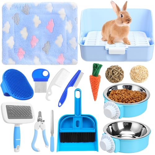 Reallnaive 15 Pcs Rabbit Starter Kit Small Rabbit Litter Box Girls Gift Animal Grooming Kit Bunny Toys Bowl Blankets with Cleaning Set for Guinea Pig Accessories(Candy Blue)