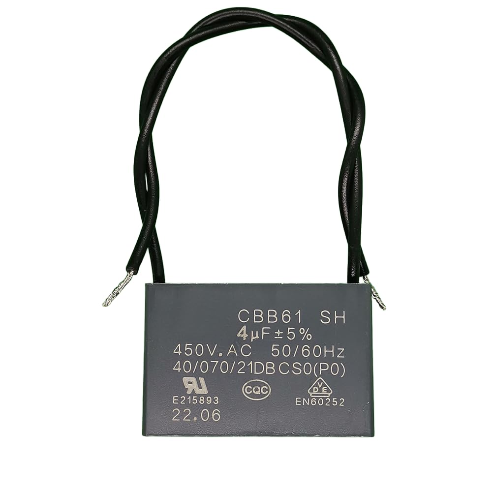 Fan Motor Capacitor 4 mfd, 4uF 450VAC CBB61 (Pack of 1)(4mfd 2-Wire)