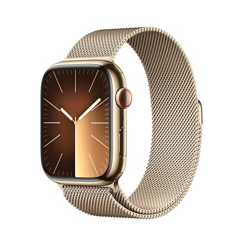 Apple Watch Series 9 [GPS + Cellular 45mm] Smartwatch with Gold Stainless Steel Case with Gold Milanese Loop. Fitness Tracker, Blood Oxygen & ECG Apps, Always-On Retina Display (Renewed)
