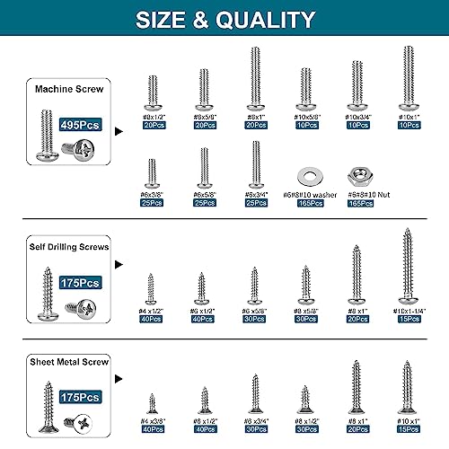 845pcs Trousse d'assortiment de matériel en acier inoxydable, no6-32#8-32 #10-24 SAE Kit d'assortiment de vis de machine Bouchons Nuts Winders+Vis auto-tappantes pour métal, vis de tôle auto-perceuse(495pcs+350pcs)