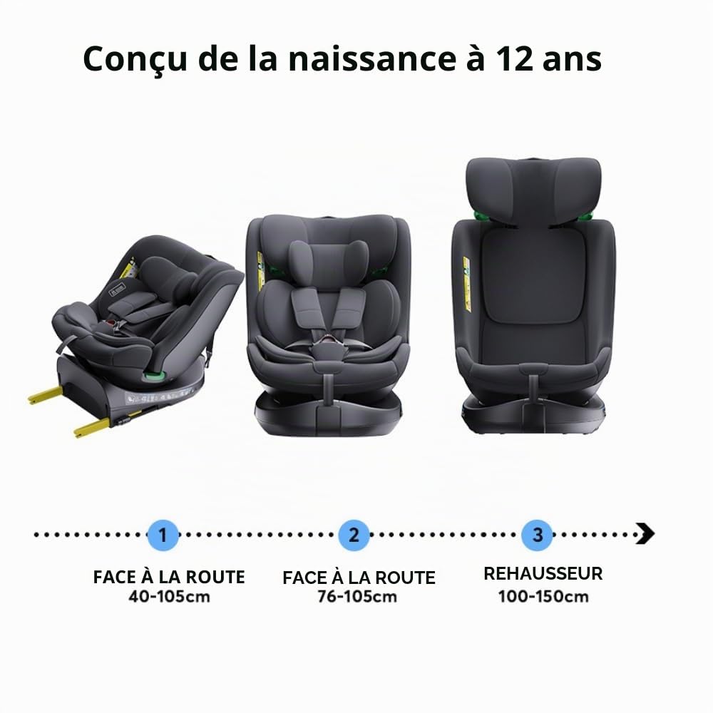YAZOCO Siège auto bébé, I-SIZE 40-150 cm, 360° pivotant 0 à 36 kg évolutif, dès la naissance et jusqu'à 12 ans environ, Groupe 0/1/2/3, Isofix, RWF, FWF, Protections latérales sièges (Gris)