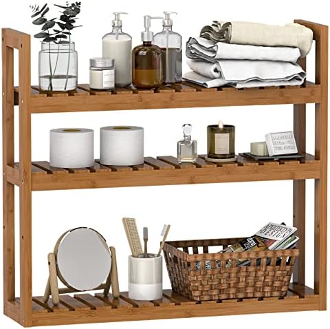 Ruichang Bathroom Bamboo Shelf Organizer - 3 Tier Storage Shelf with Adjustable Wall Mounted Shelf Rack Over Toilet, Use for Bathroom, Kitchen, Living Room (Walnut)