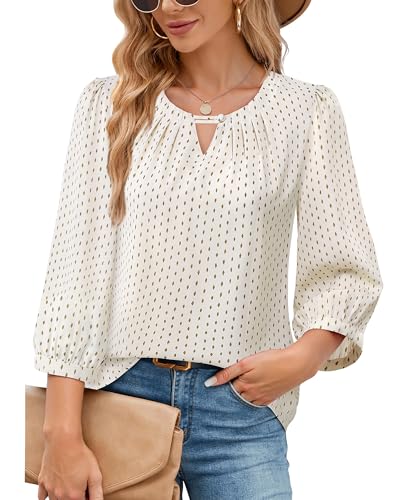 VALOLIA Womens Dressy Tops and Blouses: Plus Size - Womens Dressy Blouses - Ladies Shirts 3/4 Sleeve Chiffon Teacher Outfits Beige Dots XL