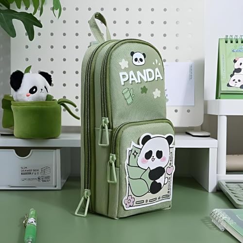 Image of Canvas School Bag Pencil Case, 3 Layer 6 Compartment Large Capacity, Aesthetic Pencil Pouch for Stationary, Cute Stationery for Kids, Pencil Case for Girls & Boys (Green)