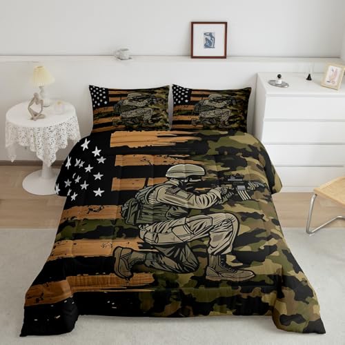 Manfei War Theme Comforter Set,Retro Army Green Camouflage Bedding Set
