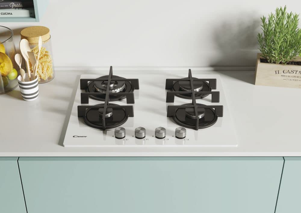 Candy CVG6BR4WPW Piano Cottura a Gas in Vetro Temperato da 60 cm, 4 Fuochi, da Incasso, Griglie in Ghisa, Bruciatore Wok, Valvola di Sicurezza, GPL e Metano, 59,5x51x95 cm, Bianco