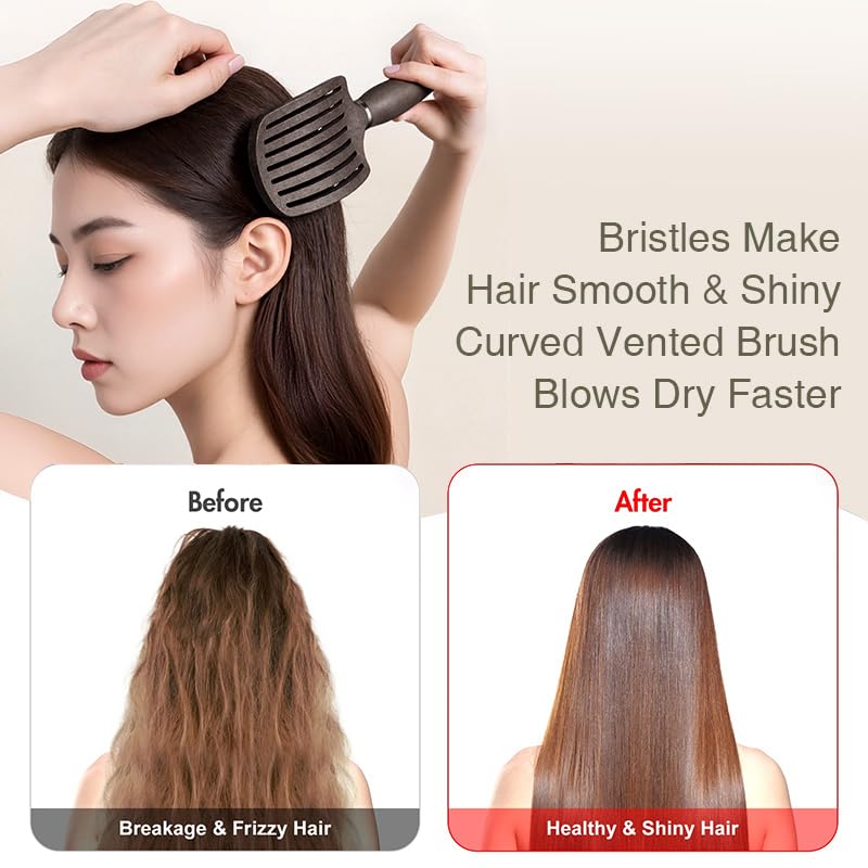 Boar Bristle Hair Brush for Women, Curved Vented Detangling Brushes for Wet& Dry Hair, Styling Paddle Massage Hairbrush for Slick Back, Volume and Shine,Ergonomic Handle for Comfortable Grip