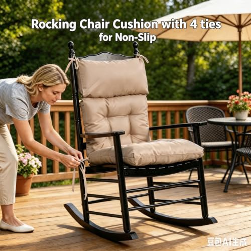 Image of QILLOWAY Outdoor Rocking Chair Cushions Set of 2, 100% Polyester Waterproof Patio Rocking Chair Cushion, High Back Weatherproof Chair Pad for Adirondack & Outdoor Furniture, Sand,Beige