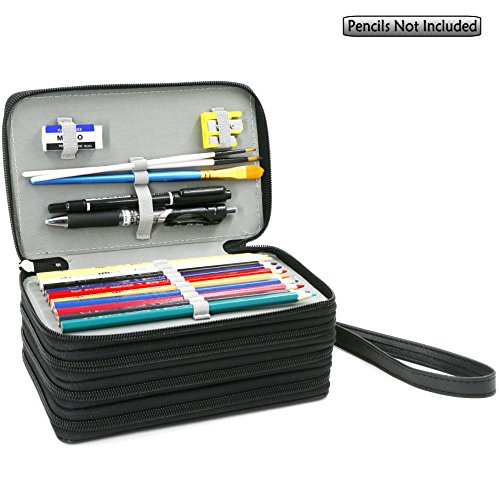 Youshares 72 Slots Pencil Case - Pu Leather Handy Multi-Layer Large Zipper Pen Bag With Handle Strap For Colored / Watercolor Pencil (Black) #TOP1
