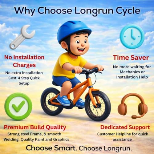 Image of longrun Crafter 14T Kids Bicycle for 2-5 Years with Training Wheels | 95% pre-assembled, adjustable seat, easy 4-step setup, sturdy steel frame front & rear mudguards for boys & girls.