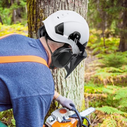 Forsthelm Helmet,Kettensägen-Sicherheitshelm,4-in-1 Kettensägen-Schutzhelm mit Gehörschutz Ohrenschützer und Gesichtsschutz Visier,Industrie Helm Schlagfeste Bequeme Belüftung Arbeitshelm -Weiß