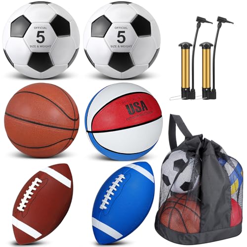 Sratte 6 Pcs Sports Balls Set for Teens Adults Includes Official Size Football, Soccer, Basketball with Pump Sports Equipment Bag for Training Practice Gift Back to School (Brown White)