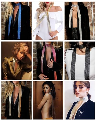 PartyArt Women Sparkle Metal Sequins Neck Tie Scarf Glitter Long Evening Party Thin Rave Skinny Neckerchief4