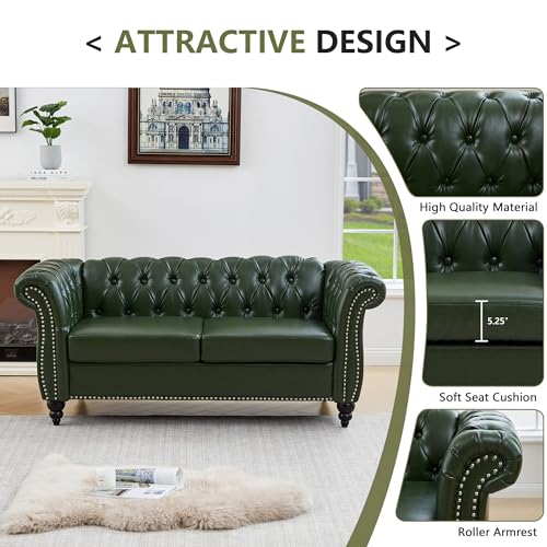 Image of QHITTY Accent Sofa, Chesterfield Loveseat Modern Leather Couch Upholstered Sofa with Tufted Back for Living Room Furniture (Green)