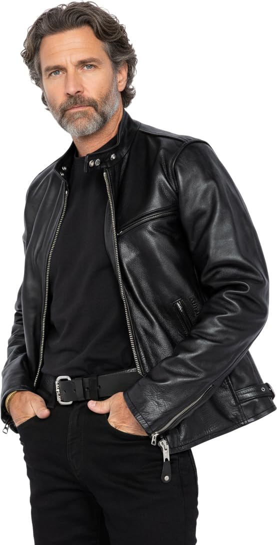 Schott NYC Men's Cafe Racer Leather Biker Long Sleeve Jacket