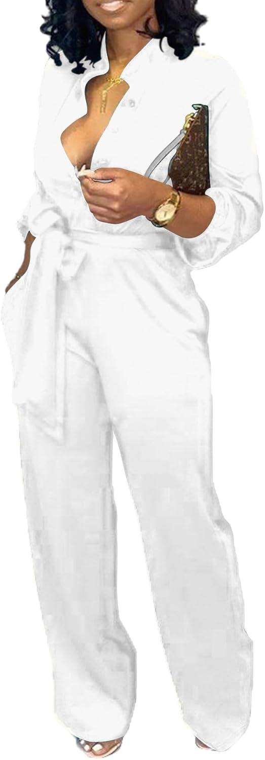 SxClub Jumpsuits for Women Formal Sexy Elegant Long Straight Pants Busineess Party Jumpsuit with Belt Pockets - Image 7