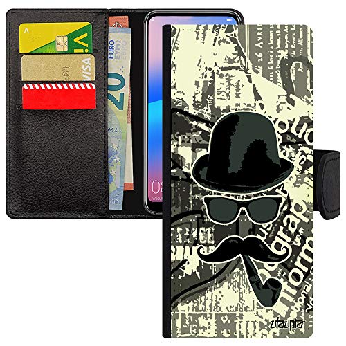 Coque Samsung Note 20 portefeuille vintage style moustache et chapeau melon fabriqué en France