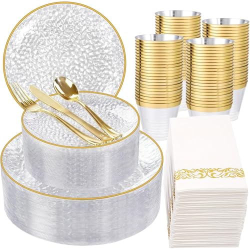 Rubtlamp 350 Pcs Clear Gold Plastic Plates Hammered Disposable Dinnerware Clear-Gold Plates Set Include 100 Plastic Platos 150 Gold Disposable Silverware 50 Cups And 50 Napkins for Party