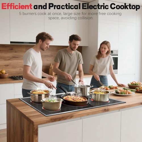 Image of 36 Inch Electric Cooktop, 5 Burner Stove Top Touch Control,220-240V | 36 inch Glass Ceramic Stove Top, 9600W, BBQ & Flexible Zone, Child Lock, Timer, Overheat Protection,220-240V Hard Wired (No Plug)