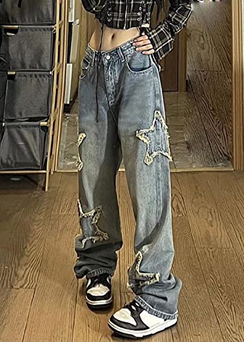 Womens Y2K Baggy Jeans Star Patchwork High Waist Teen Girls Vintage Grunge Straight Leg Denim4