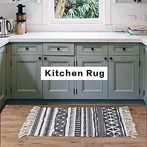 2'X3' Black And White Kitchen Rug,Small Bohemian Farmhouse Geometric Hand Woven Cotton Throw Rugs For Front Door ,Living Room, Bedroom,Doorway, Entryway,Laundry Room #TOP2