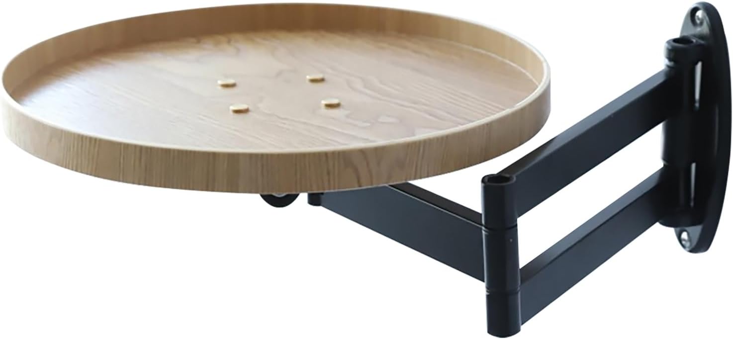 Wall Mounted Folding Table - 180° Rotating Round Desk, Space-Saving Foldable Coffee Table with Retractable Shelf, Ideal Bedside Floating Side Table for Small Spaces