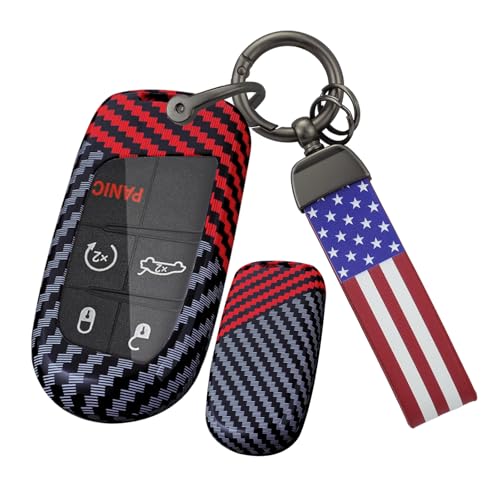 TECART Autoschlüssel Hülle Schlüsselhülle Passt für Jeep Cherokee Compass Renegade Dodge RAM 1500 Challenger Chrysler 200 FIAT Schlüsselschutz Schlüsselbund Zubehör Schlüsselanhänger A-Schwarz Rot