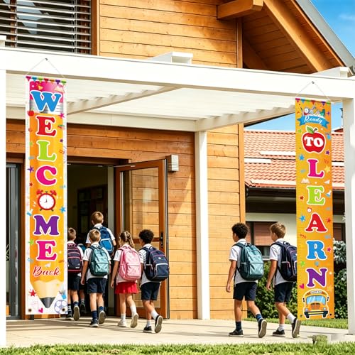 Image of Hooqict Welcome Back to School Door Banner Decorations Ready to Learn First Day of School Porch Sign Banner for Kindergarten Pre-School Primary Classroom Decorations