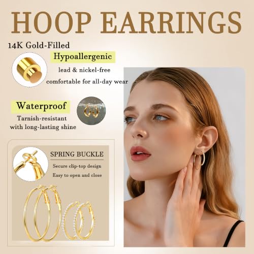 Image of 12 Pairs Gold Hoop Earrings Set for Women, Lightweight Hoop Jewelry