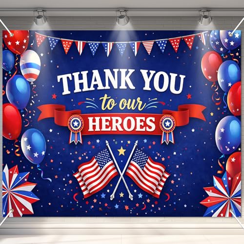 Image of BlissYard Thank You Heroes Backdrop 8x6ft 4th of July Patriotic Party Banner Veterans Appreciation Decorations Military Appreciation Decor Independence Day Celebration Patriotic Event Decoration