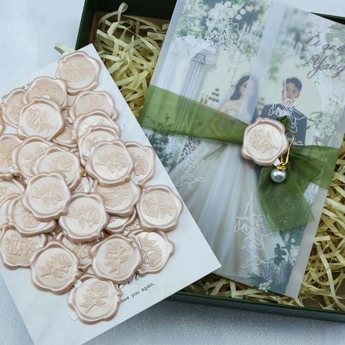 Wax Seal Stickers - 3D Champagne Rose Wedding Invitation Envelope Botanical Seal Stickers, 50 Pcs Self- Adhesive Stickers, Perfect for Wedding Invitation, Christmas, Gift Wrapping, Baby Shower