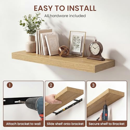 Image of Dreamland 20 Inches Floating Shelves for Wall, 9.3 inch Deep Long Floating Shelves Set of 2, Large Display & Storage Shelf, Wall Shelf for Bathroom Bedroom Living Room Kitchen Office, Oak