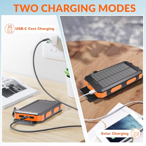 Image of Solar Power Bank 20,000mAh, Portable Phone Charger, 4 Cables Outdoor Waterproof External Backup Power Charger with USB-C for Cell Phones, Solar Battery Pack with Dual Flashlight for Camping