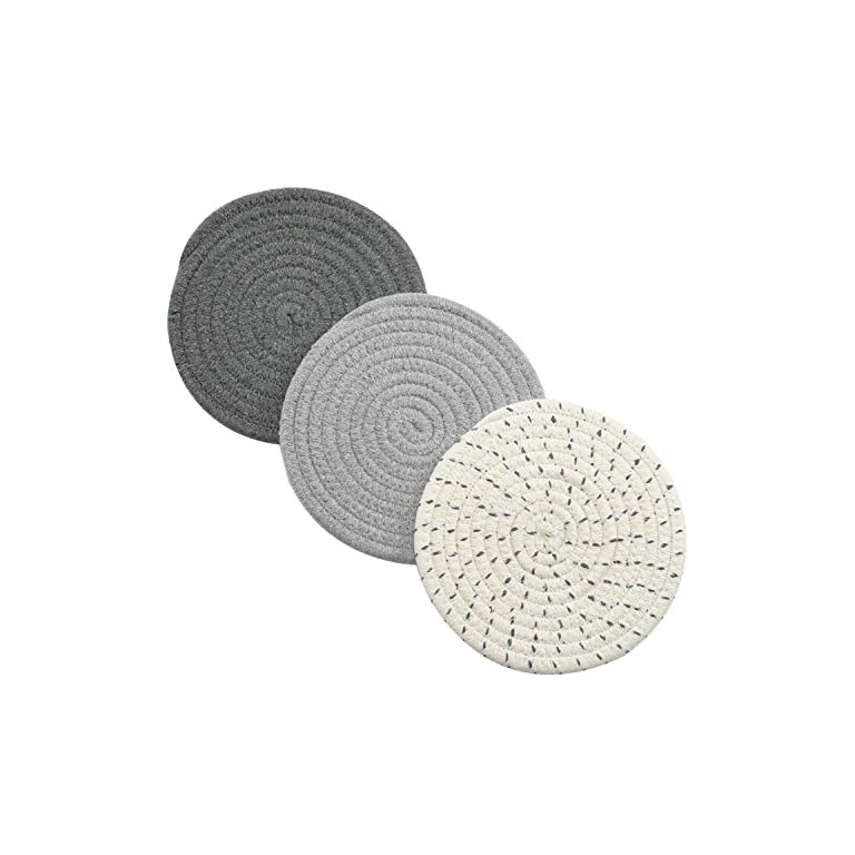 Potholders Set Trivets Set 100% Pure Cotton Thread Weave Hot Pot Holders Set (Set of 3) Stylish Coasters, Hot Pads, Hot Mats,Spoon Rest For Cooking and Baking by Diameter 7 Inches (Gray)