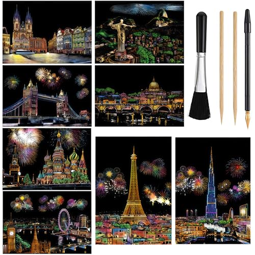 Scratch Art Adult Scratch Painting 8 Sheets Rainbow Paper Sketch Pads Card Night View Landscape Scratchboard(A4) Scratch Cards with Scratch Art Tools DIY Art Craft Building