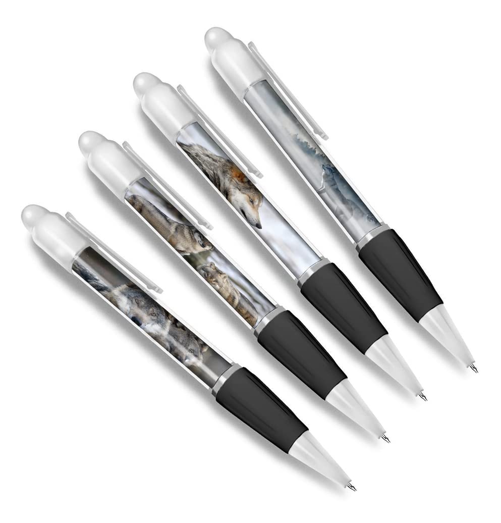 DV DESIGN Set of 4 Wolf White Ballpoint Pens - Wild Animal Winter Wolves Pack Theme Boys Girls Men Women Stationery Pen #79592